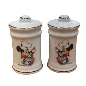 VTG Disney Mickey Mouse Chef Salt Pepper Shakers Porcelain Gold Trim‎ Made Japan